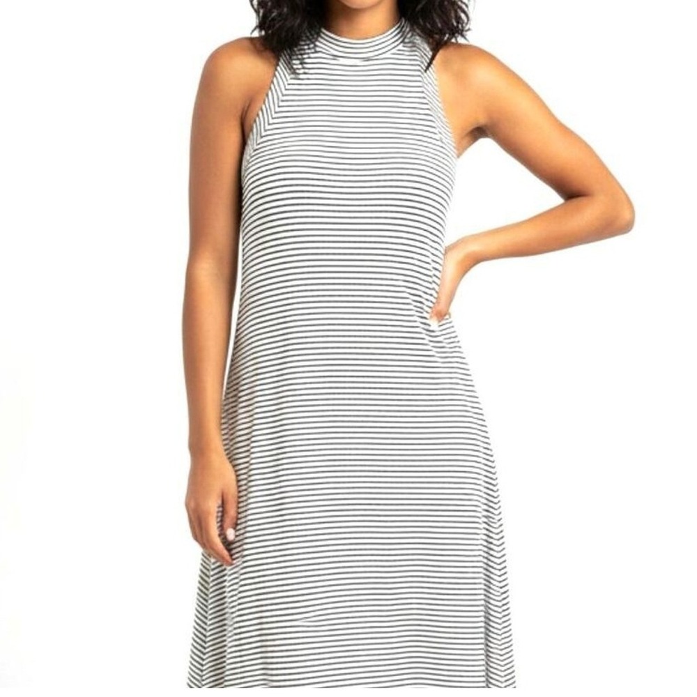 NWT Monteau Womens Medium‎ Black White Striped Rib Knit Midi Dress Sleeveless